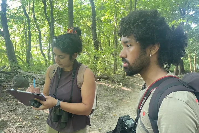 A woman writes on a clipboard standing in the woods with a man.